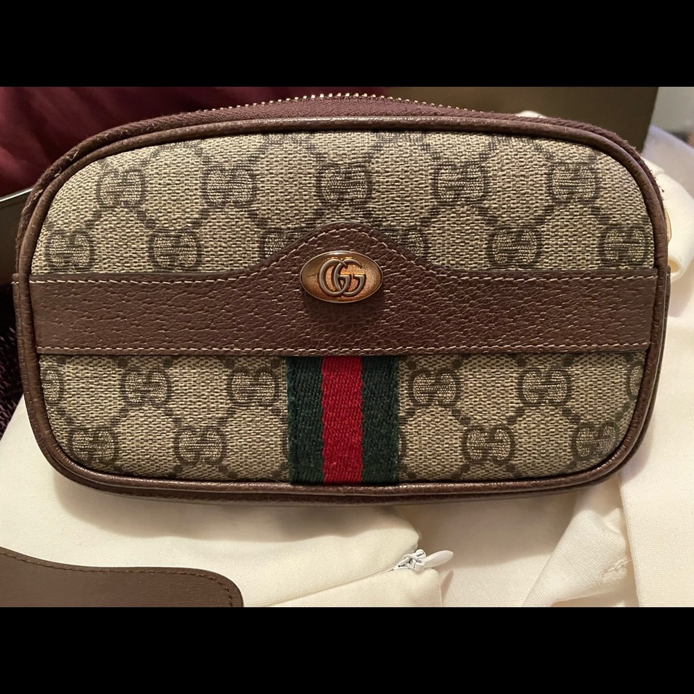 Taupe and brown GG supreme belt bag